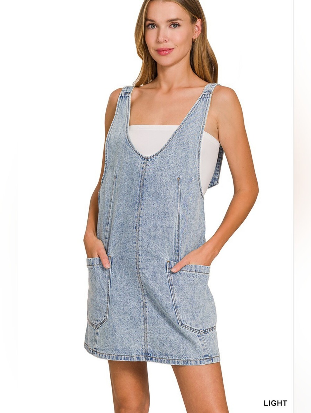 Zenana Denim Overall Dress with Front Pockets